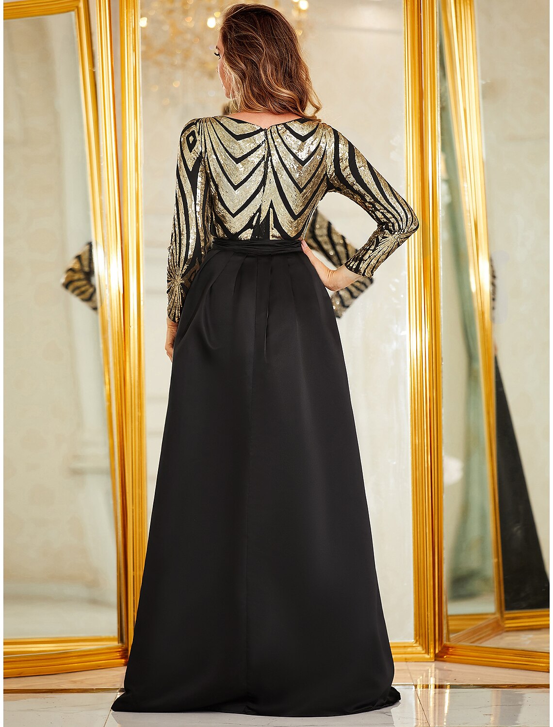 Meerjungfrau/Trompete Abendkleid Sparkle & Shine Kleid Formelle bodenlange Langarm V-Ausschnitt Abnehmbarer Polyester mit Pailletten-Überrock